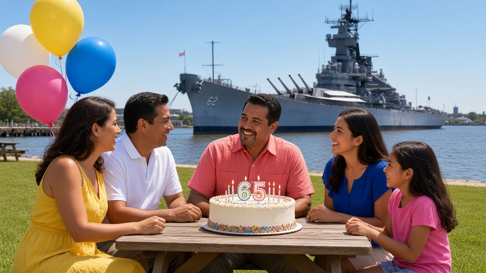 A smiling man in a coral guayabera celebrates his 65th birthday with family at a picnic table on the Camden waterfront, the Battleship New Jersey moored behind them