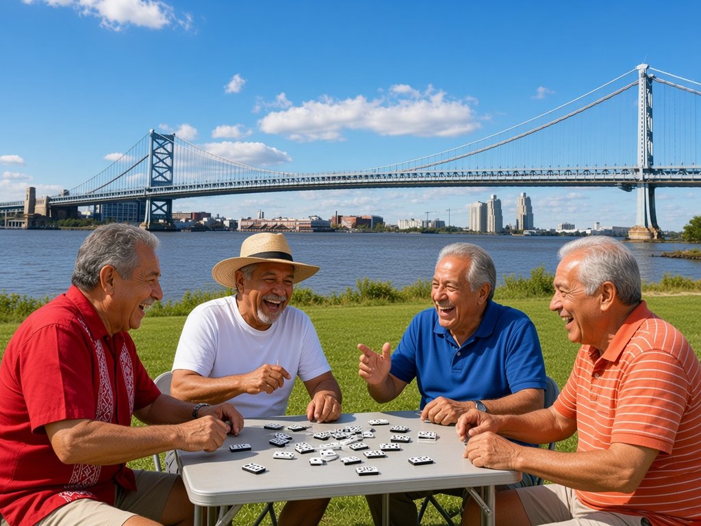 Four laughing older men in a red guayabera, white t-shirt, royal blue polo and striped orange shirt play dominoes on the Camden waterfront lawn with the Ben Franklin Bridge and Delaware River behind them