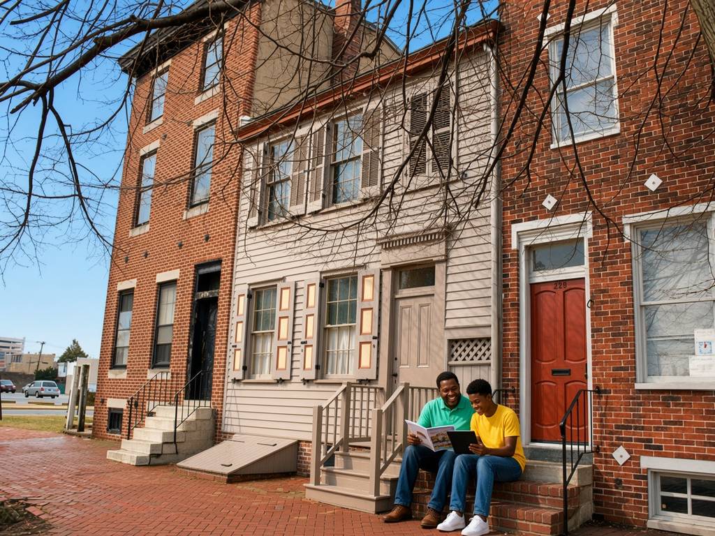 A smiling grandfather in a mint green polo and his teenage grandson in a yellow t-shirt look over a booklet and tablet on the front steps of brick and clapboard rowhomes in Camden