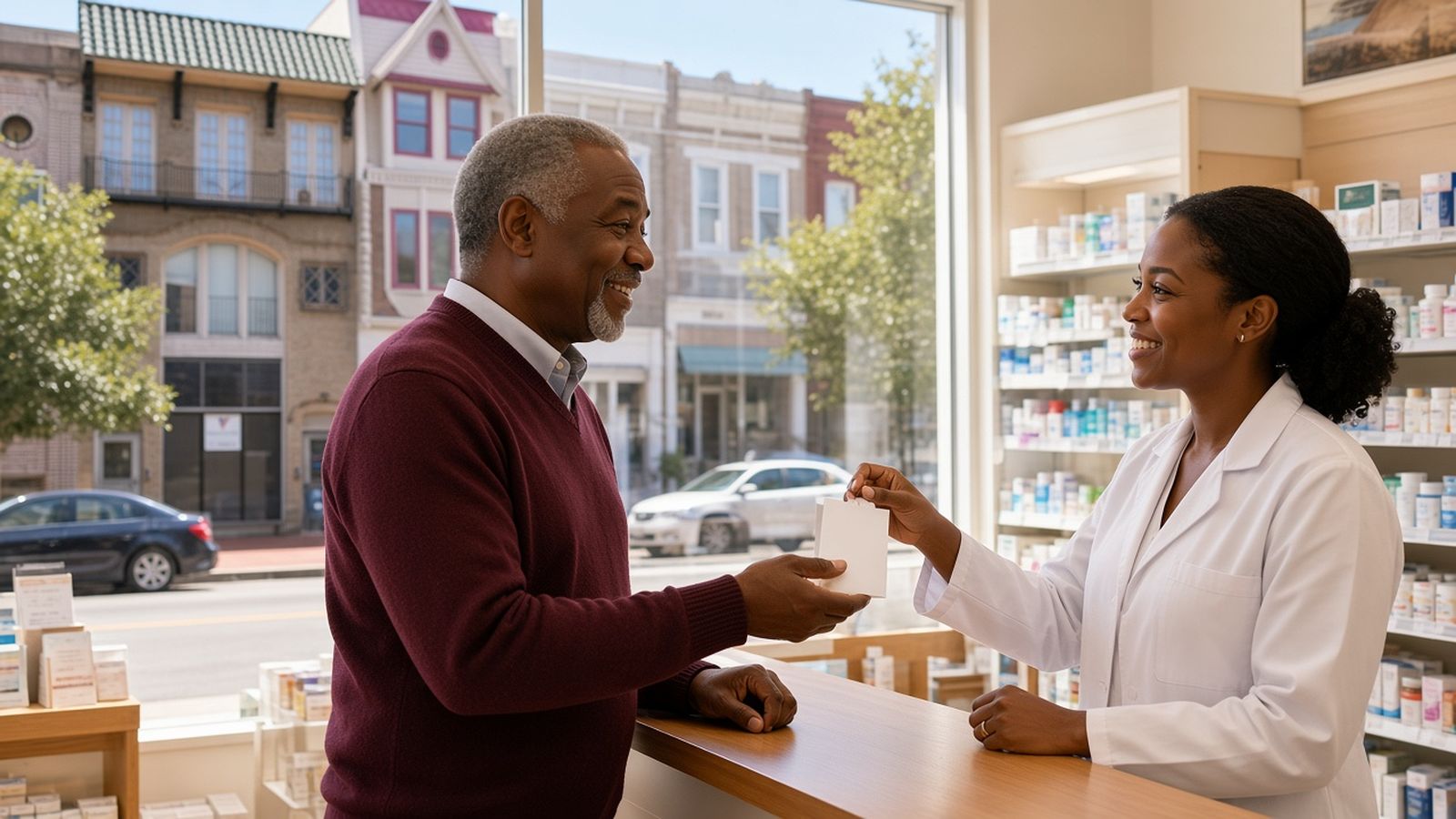 A smiling older man in a burgundy sweater takes a prescription bag from a cheerful pharmacist in a bright corner pharmacy with Camden rowhomes outside the window