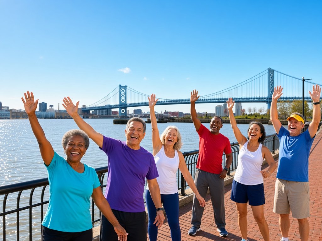 Six laughing older adults in turquoise, purple, white, red and blue raise their arms during an exercise class on the Camden riverfront promenade, with the Ben Franklin Bridge in the background