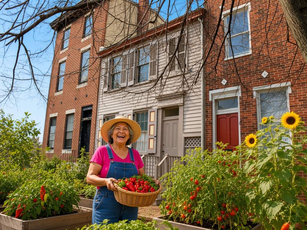 A laughing older woman in a fuchsia t-shirt, denim overalls and a straw hat holds a basket of red peppers in a sunny community garden beside Camden brick rowhouses